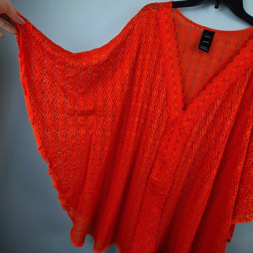 Catalina Women 3X Neon Pink Crochet Lace V-Neck Swim Coverup Kimono CTP37904